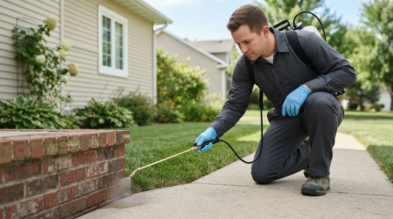 Pest control technician treating a home near Derby, IA