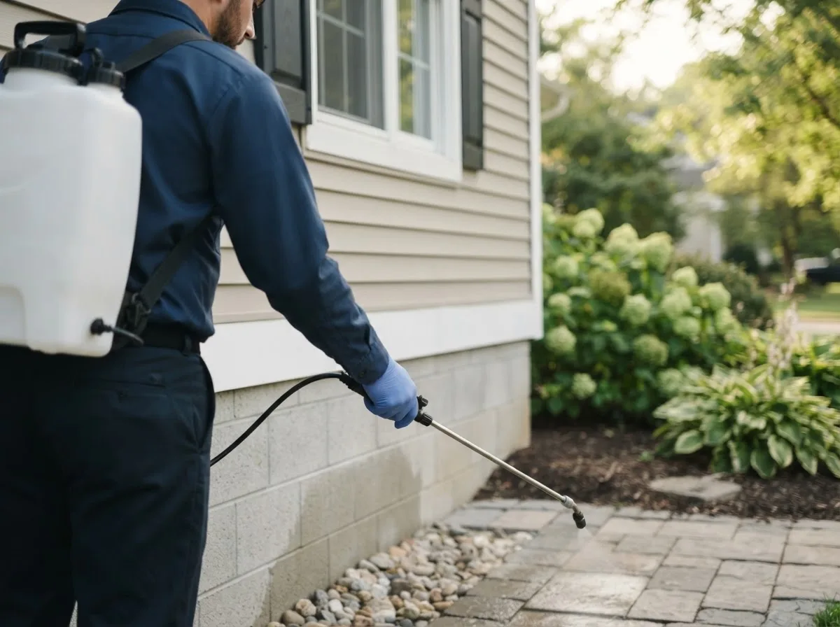 Pest control technician inspecting a home in Derby, IA